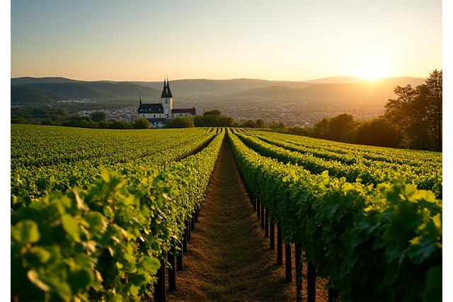 Vue panoramique d'un vignoble de champagne à Reims avec le soleil couchant