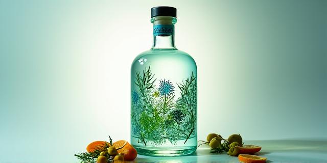 Bouteille de gin 'craft' au détail complexe