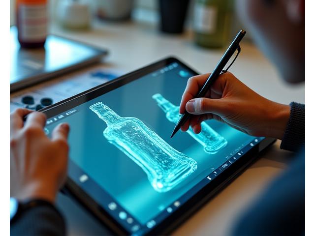 Designer travaillant sur un croquis 3D de bouteille unique