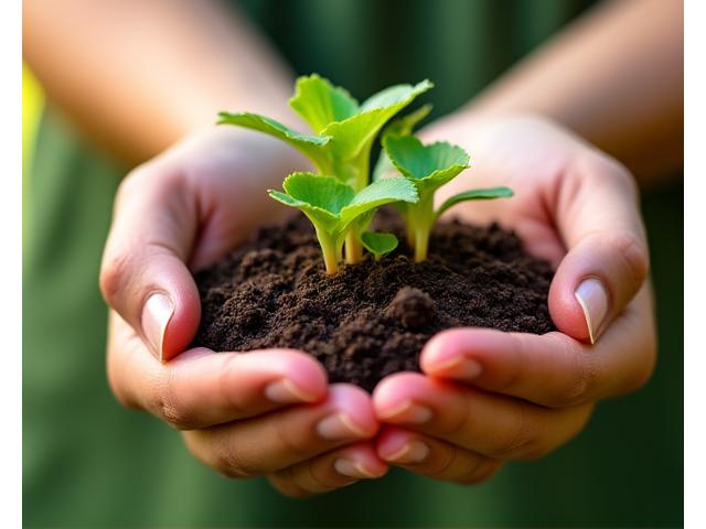 Mains tenant de la terre avec des feuilles vertes, symbolisant la durabilité