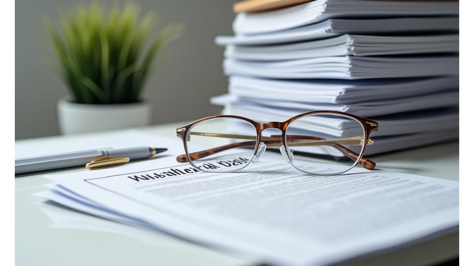Un bureau d'avocat avec des dossiers et des lunettes, symbolisant les termes et conditions légales de LumiVigne Manufacturing.